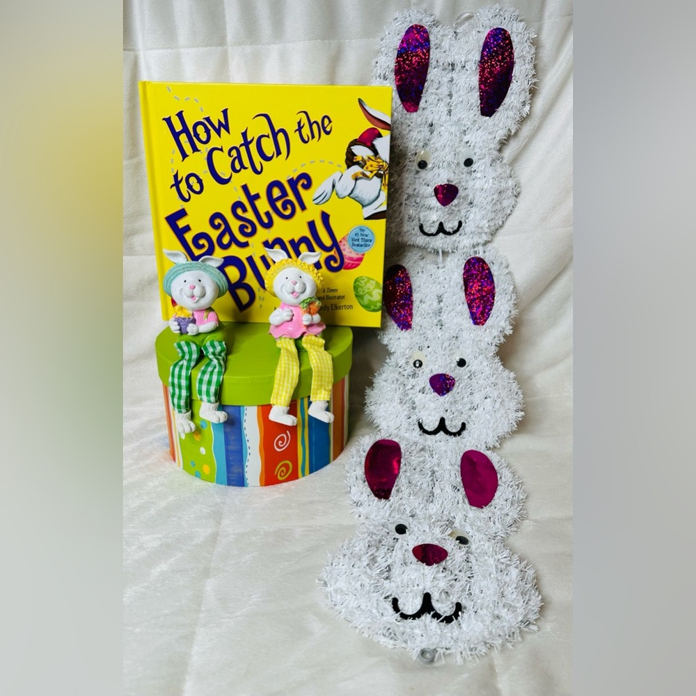 “How to Catch the Easter Bunny”, 2 Sitting Bunnies & Spring Tinsel Bunny Hanger